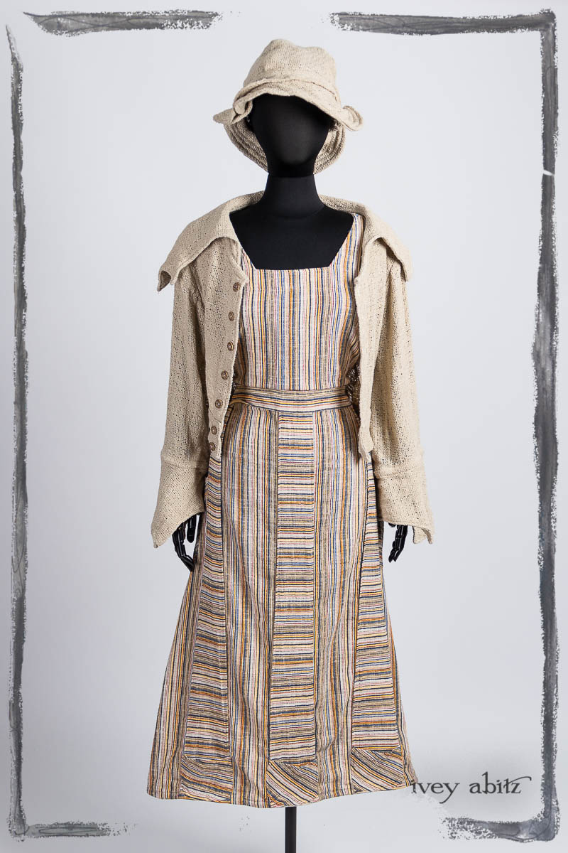 Furtherafield Jacket in Beach Cottage Soft Spun Weave; Campanella Frock in Primary Stripe Weave; Hapgood Hat in Beach Cottage Soft Spun Weave. Bespoke clothing by Ivey Abitz.
