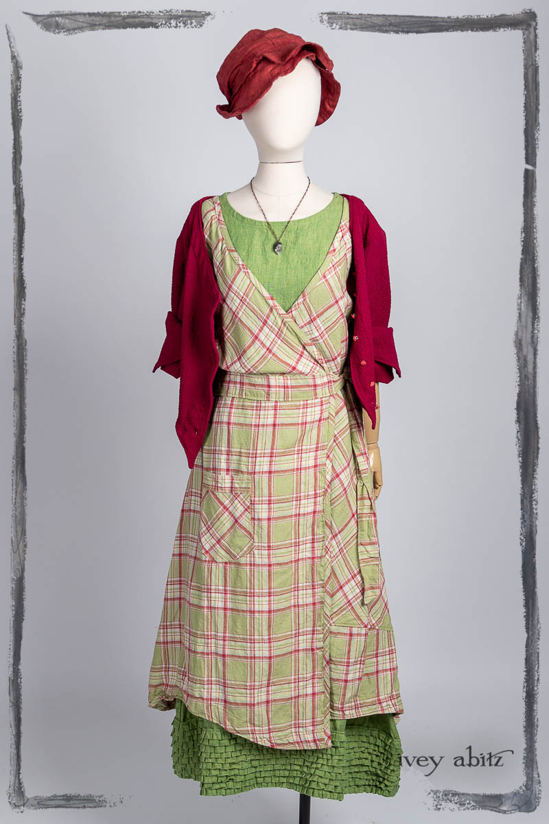 Liberté Jacket in Poppy Puckered Knit; Cape Frock in Plucky Washed Linen; Chomley Frock in Plucky Plaid; Hapgood Hat in Poppy Washed Linen; Nouvelle Necklace. Bespoke clothing by Ivey Abitz.