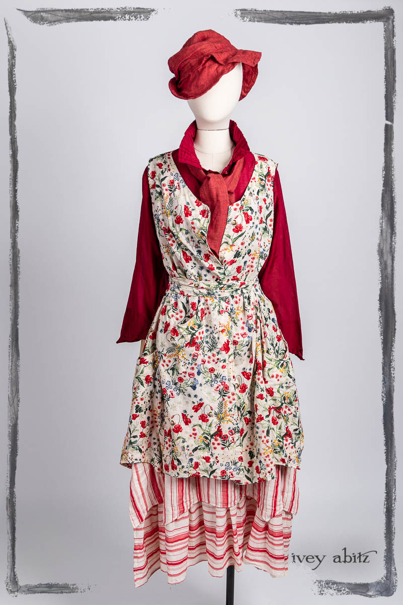 Ellis Shirt in Poppy Silk Voile; Ellis Sash in Poppy Washed Linen; Ellis Frock in Poppy Garden Weave; Liberté Frock in Poppy Variegated Raised Stripe; Hapgood Hat in Poppy Washed Linen. Bespoke clothing by Ivey Abitz.