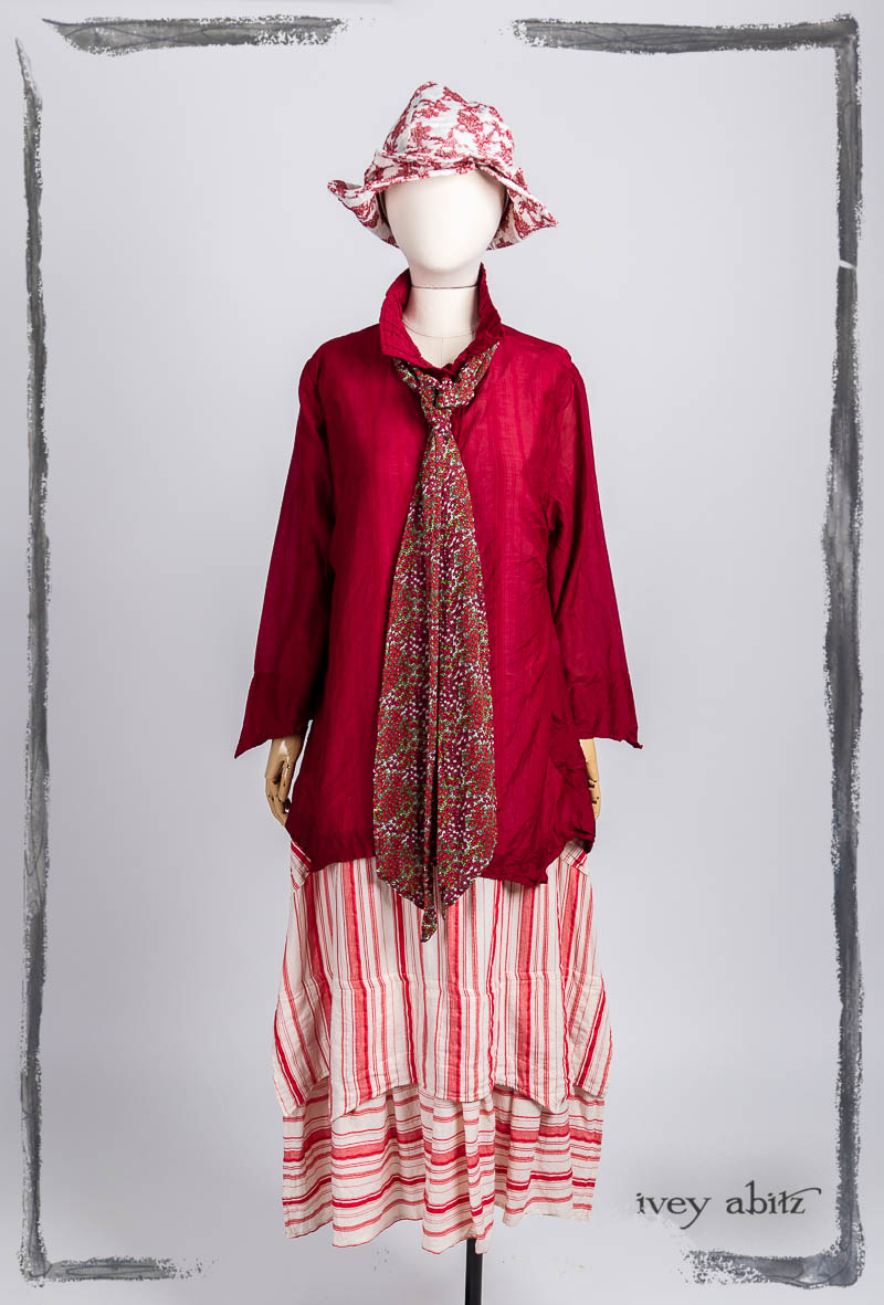 Ellis Shirt in Poppy Silk Voile; Liberté Frock in Poppy Variegated Raised Stripe; Blanchefleur Sash in Poppy Floral Silk Chiffon; Hapgood Hat in Poppy Embroidered Hat Weave. Bespoke clothing by Ivey Abitz.