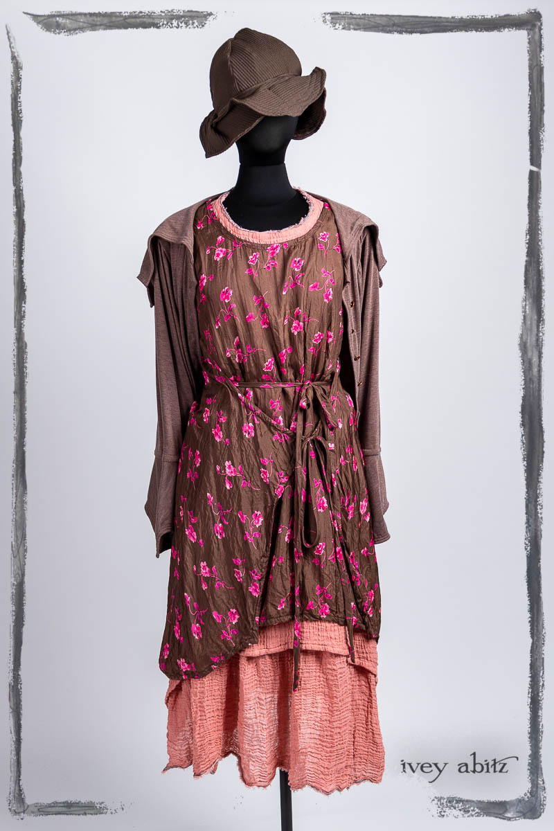 Furtherafield Jacket in Clapboard Cottage Softest Knit; Firthcliffe Frock in Cottage Rose Floral Crushed Silk; Limited Edition Blanchefleur Frock in Parisienne Rose Washed Crinkled Weave; Hapgood Hat in Clapboard Cottage Ribbed Weave. Bespoke clothing by Ivey Abitz.