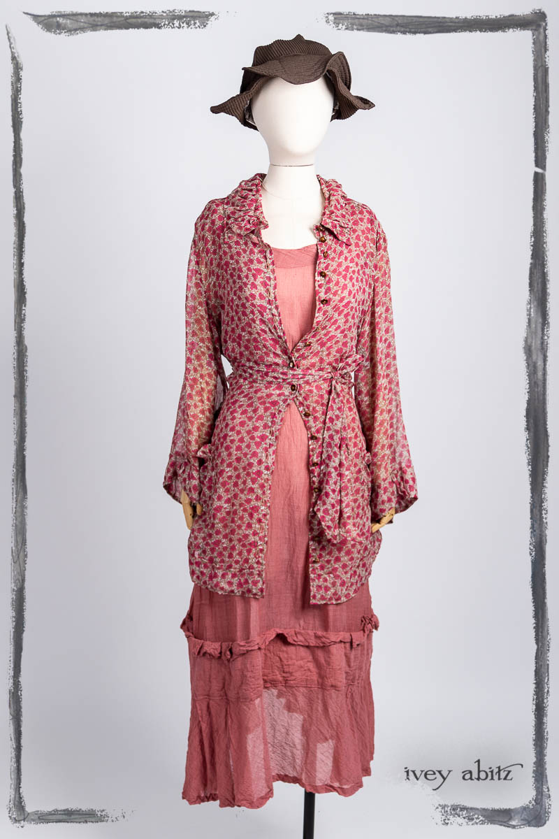 Gabled Shirt Jacket in Morris Rose Silk Chiffon; Hudson Frock in Parisienne Rose Washed Voile; Hapgood Hat in Clapboard Cottage Ribbed Weave. Bespoke clothing by Ivey Abitz.