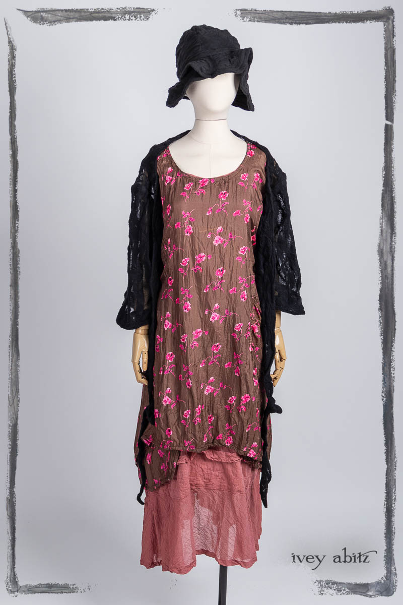 Vallonné Jacket in Noir Embroidered Lace Knit; Firthcliffe Frock in Cottage Rose Floral Crushed Silk; Hudson Frock in Parisienne Rose Washed Voile; Hapgood Hat in Noir Puckered Knit. Bespoke clothing by Ivey Abitz.