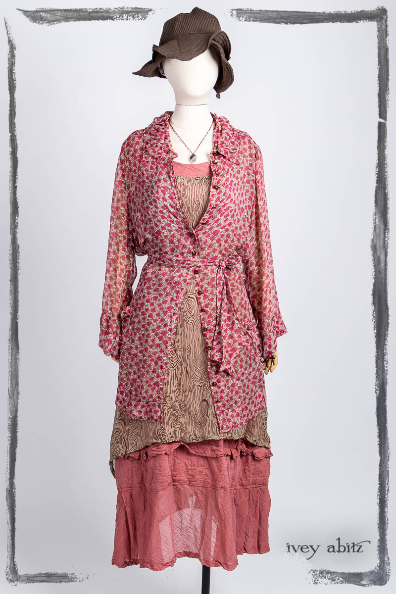 Gabled Shirt Jacket in Morris Rose Silk Chiffon; River Frock in Faux Bois Silk Chiffon; Hudson Frock in Parisienne Rose Washed Voile; Hapgood Hat in Clapboard Cottage Ribbed Weave; Nouvelle Necklace. Bespoke clothing by Ivey Abitz.