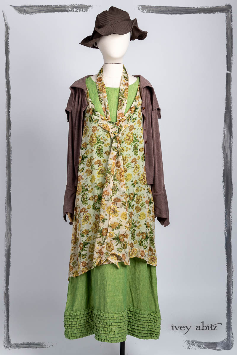 Ettienne Sash in Marigold Floral Silk Chiffon; Ettienne Sash in Marigold Floral Silk Chiffon; Furtherafield Jacket in Clapboard Cottage Softest Knit; Cape Frock in Plucky Washed Linen; Hapgood Hat in Clapboard Cottage Ribbed Weave. Bespoke clothing by Ivey Abitz.