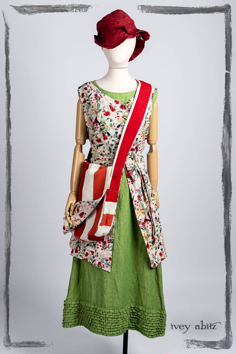 Ellis Frock in Poppy Garden Weave; Cape Frock in Plucky Washed Linen; Solomon Bag in Poppy Stripe Soft Canvas; Hapgood Hat in Poppy Washed Linen; Nouvelle Necklace. Bespoke clothing by Ivey Abitz.