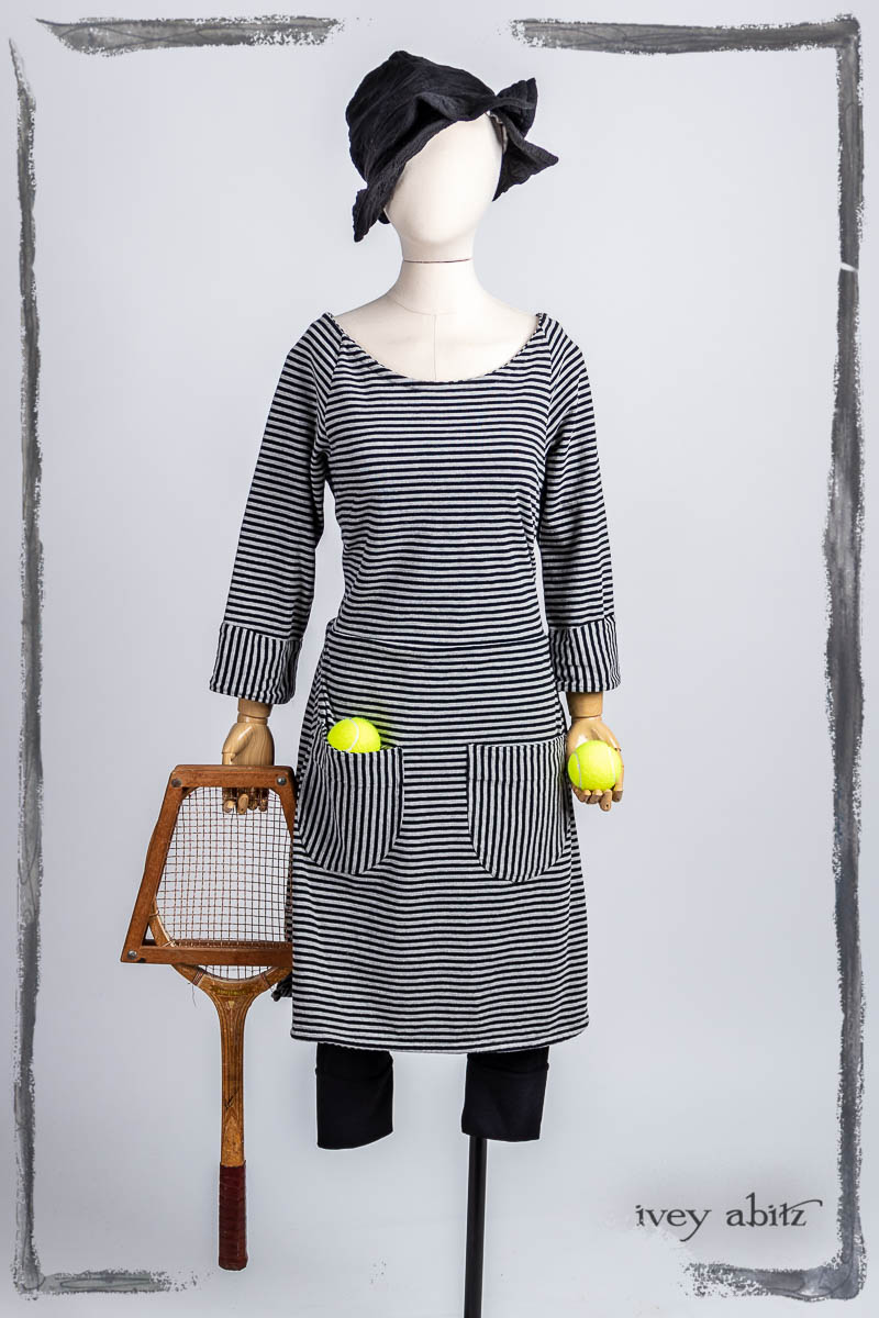 Tennising Dress in Noir Sport Stripe Knit; Tennising Leggings in Noir Ponte Knit; Hapgood Hat in Noir Puckered Knit. Bespoke clothing by Ivey Abitz.