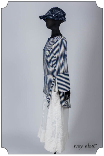 Cossart Top in Bastille Blue Textured Stripe; Limited Edition Covante Frock in Blanche Embroidered Stripe Voile; Hapgood Hat in Bastille Blue Open Weave Knit. Bespoke clothing by Ivey Abitz.