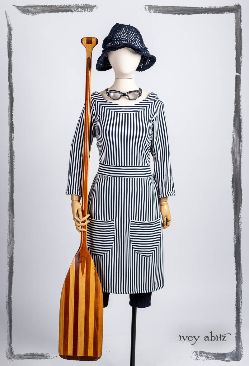 Sail and Swim Dress in Stripe Sport Knit; Sail and Swim Leggings in Sail and Swim Wavy Sport Knit; Ivey Abitz Signature Hat in Bastille Blue Open Weave Knit. Bespoke clothing by Ivey Abitz.