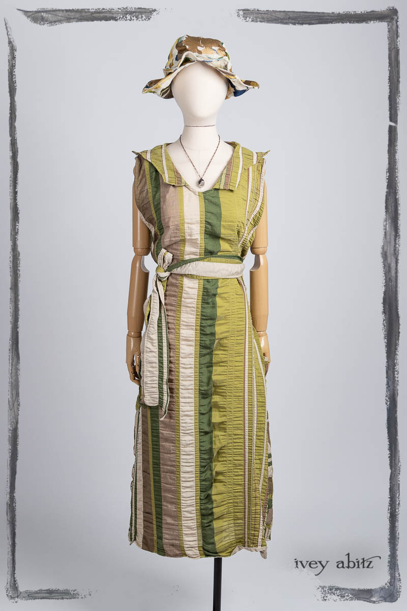 Limited Edition Etta Frock in Lush Puckered Stripe; Hapgood Hat in Floral Embroidered Weave; Nouvelle Necklace. Bespoke clothing by Ivey Abitz.