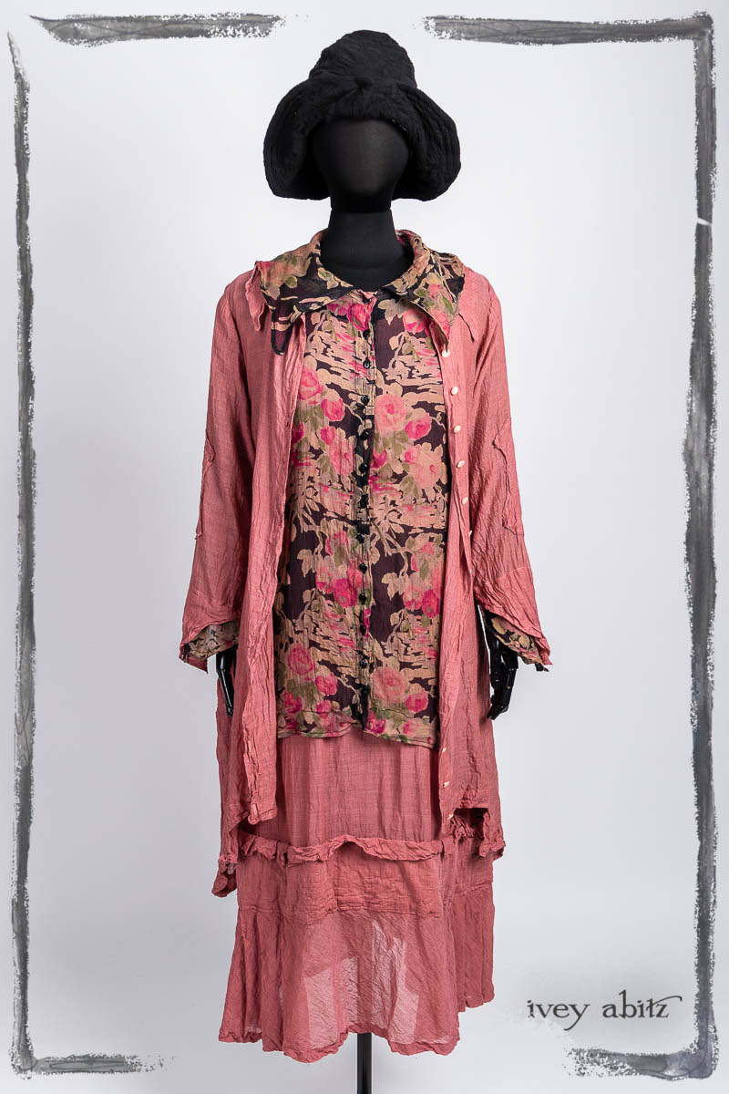 Chittister Duster Coat in Parisienne Rose Washed Voile; Chittister Shirt Jacket in Rose and Noir Floral Silk Chiffon; Hudson Frock in Parisienne Rose Washed Voile; Hapgood Hat in Noir Puckered Knit. Bespoke clothing by Ivey Abitz.