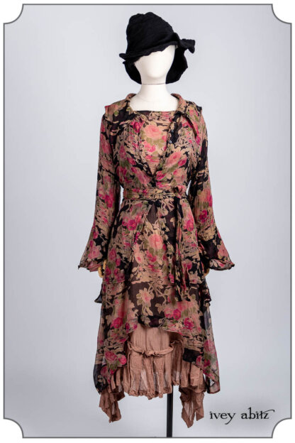 Chittister Shirt Jacket in Rose and Noir Nouveau Floral Silk Chiffon; Chittister Dress in Rose and Noir Floral Silk Chiffon; Fairholme Frock in Blush Washed Voile; Hapgood Hat in Noir Puckered Knit. Bespoke clothing by Ivey Abitz.