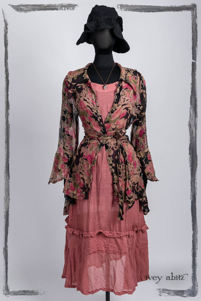 Chittister Shirt Jacket in Noir and Rose Floral Silk Chiffon; Hudson Frock in Parisienne Rose Washed Voile; Hapgood Hat in Noir Puckered Knit. Bespoke clothing by Ivey Abitz.