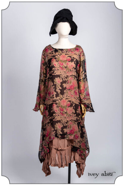 Chittister Dress in Rose and Noir Floral Silk Chiffon; Fairholme Frock in Blush Washed Voile; Hapgood Hat in Noir Puckered Knit. Bespoke clothing by Ivey Abitz.