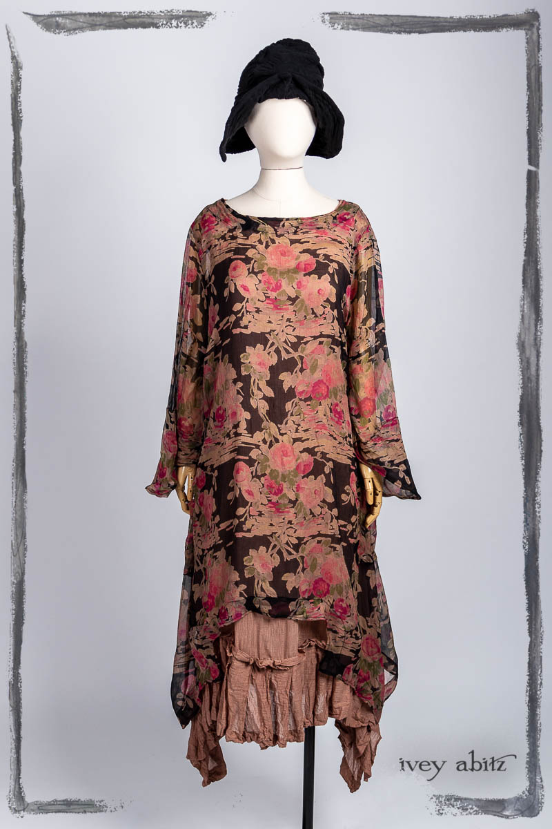 Chittister Dress in Rose and Noir Floral Silk Chiffon; Fairholme Frock in Blush Washed Voile; Hapgood Hat in Noir Puckered Knit. Bespoke clothing by Ivey Abitz.