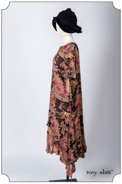 Chittister Dress in Rose and Noir Floral Silk Chiffon; Fairholme Frock in Blush Washed Voile; Hapgood Hat in Noir Puckered Knit. Bespoke clothing by Ivey Abitz.