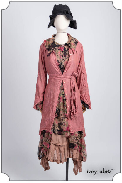 Chittister Duster Coat in Parisienne Rose Washed Voile; Chittister Dress in Rose and Noir Floral Silk Chiffon; Chittister Shirt Jacket in Noir and Rose Floral Silk Chiffon; Fairholme Frock in Blush Washed Voile; Hapgood Hat in Noir Puckered Knit. Bespoke clothing by Ivey Abitz.