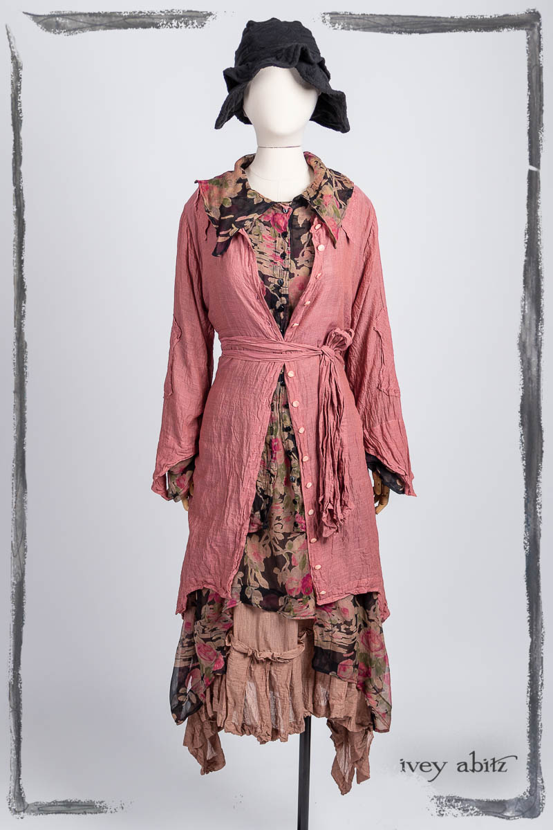 Chittister Duster Coat in Parisienne Rose Washed Voile; Chittister Dress in Rose and Noir Floral Silk Chiffon; Chittister Shirt Jacket in Noir and Rose Floral Silk Chiffon; Fairholme Frock in Blush Washed Voile; Hapgood Hat in Noir Puckered Knit. Bespoke clothing by Ivey Abitz.