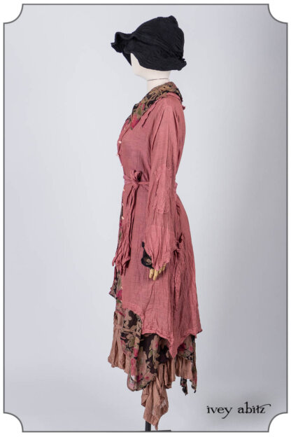 Chittister Duster Coat in Parisienne Rose Washed Voile; Chittister Dress in Rose and Noir Floral Silk Chiffon; Chittister Shirt Jacket in Noir and Rose Floral Silk Chiffon; Fairholme Frock in Blush Washed Voile; Hapgood Hat in Noir Puckered Knit. Bespoke clothing by Ivey Abitz.