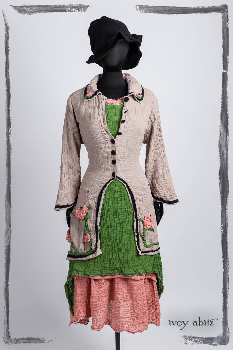 Chaumont Duster Coat in Signature Sand Washed Crinkled Weave; Limited Edition Blanchfleur Frock in Parisienne Rose Washed Crinkled Weave; Limited Editino Wildefield Frock in Plucky Washed Crinkled Weave; Hapgood Hat in Noir Puckered Knit. Bespoke clothing by Ivey Abitz.