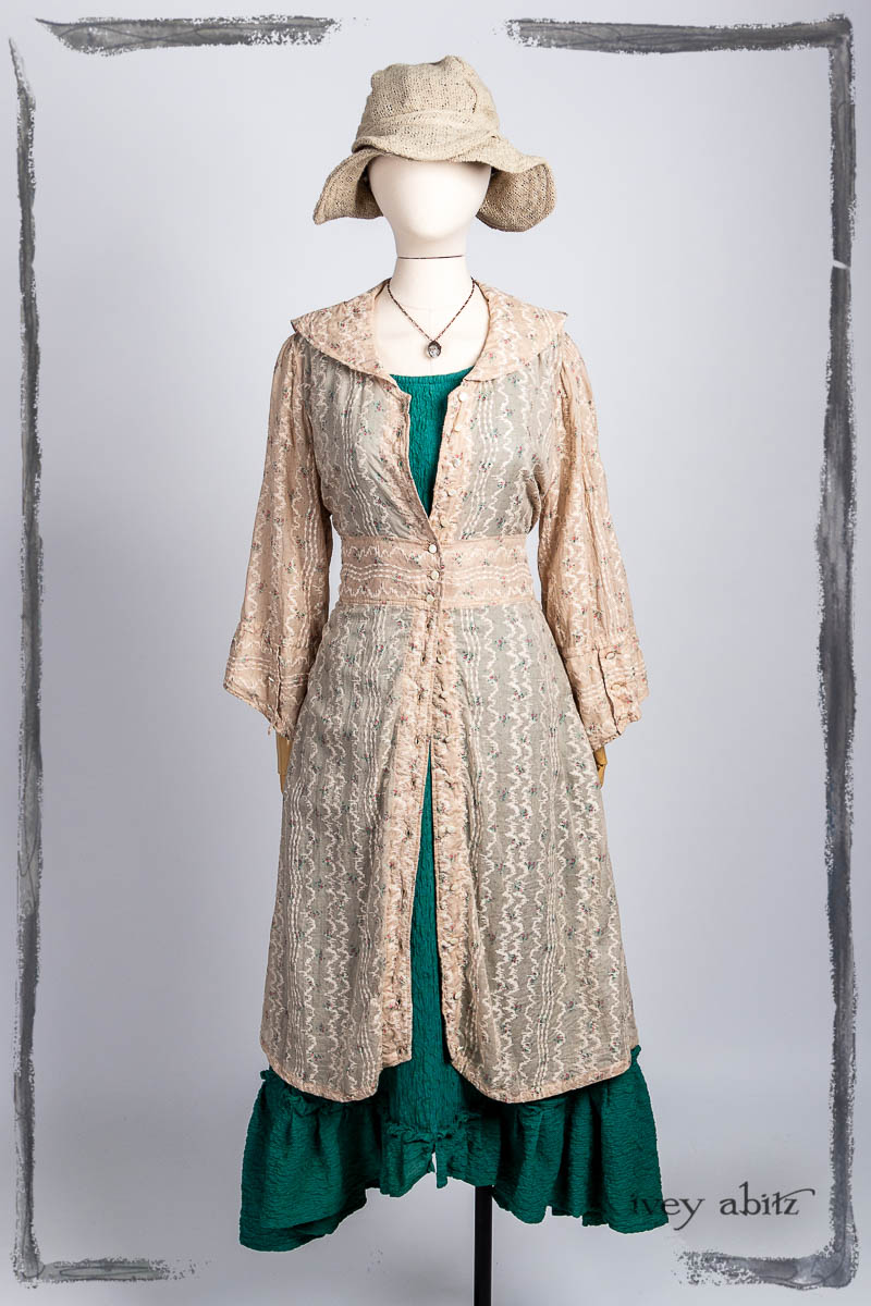 Anabel Coat Dress in Tea Time Wavy Stripe Floral Voile; Tilbrook Frock in Veranda Puckered Washed Silk; Hapgood Hat in Beach Cottage Soft Spun Weave; Nouvelle Necklace. Bespoke clothing by Ivey Abitz.