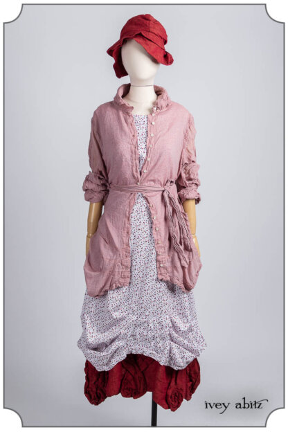 Scattergood Shirt Jacket in Peony Washed Voile; Scattergood Frock in Peony and Poppy Scattered Dot Weave; Bartholdi Frock in Poppy Washed Linen; Hapgood Hat in Poppy Washed Linen. Bespoke clothing by Ivey Abitz.