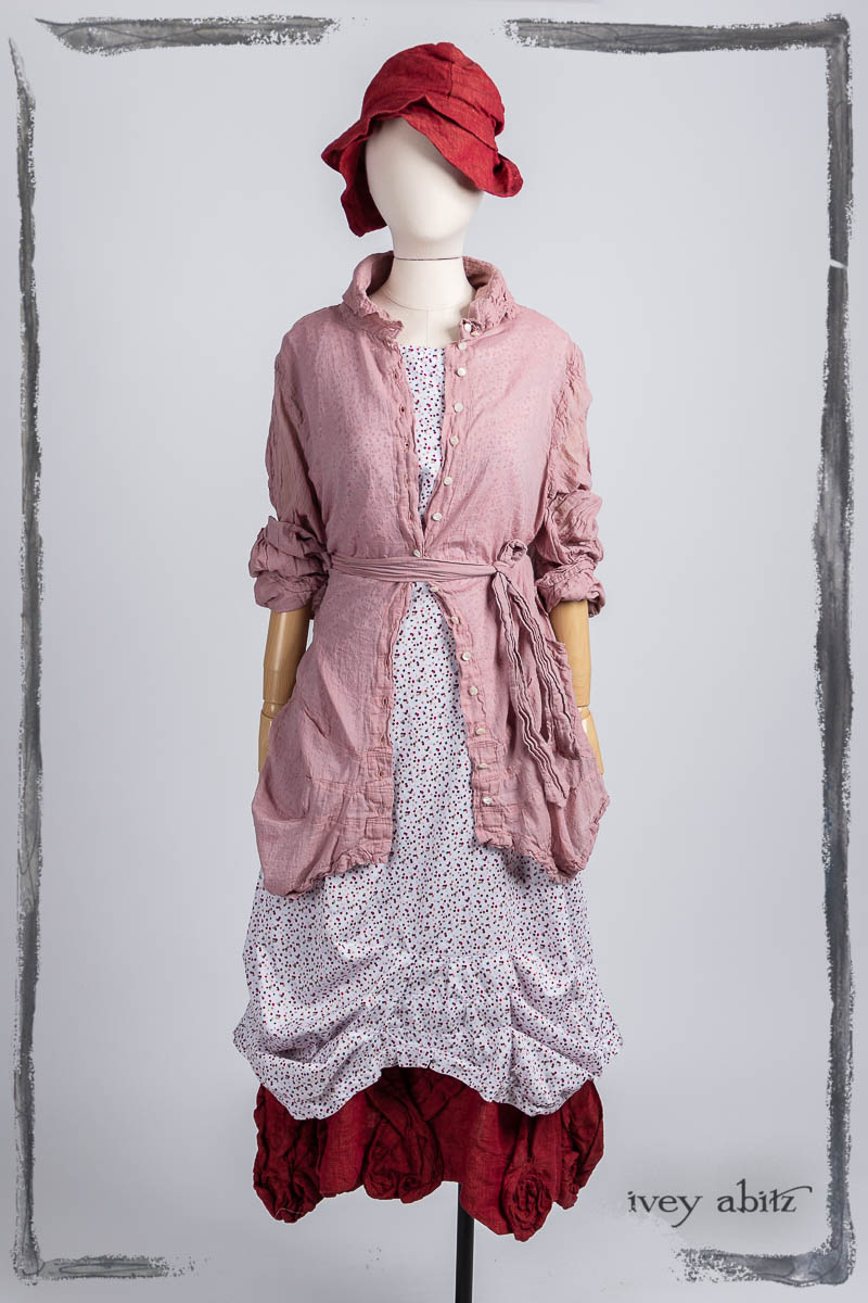 Scattergood Shirt Jacket in Peony Washed Voile; Scattergood Frock in Peony and Poppy Scattered Dot Weave; Bartholdi Frock in Poppy Washed Linen; Hapgood Hat in Poppy Washed Linen. Bespoke clothing by Ivey Abitz.