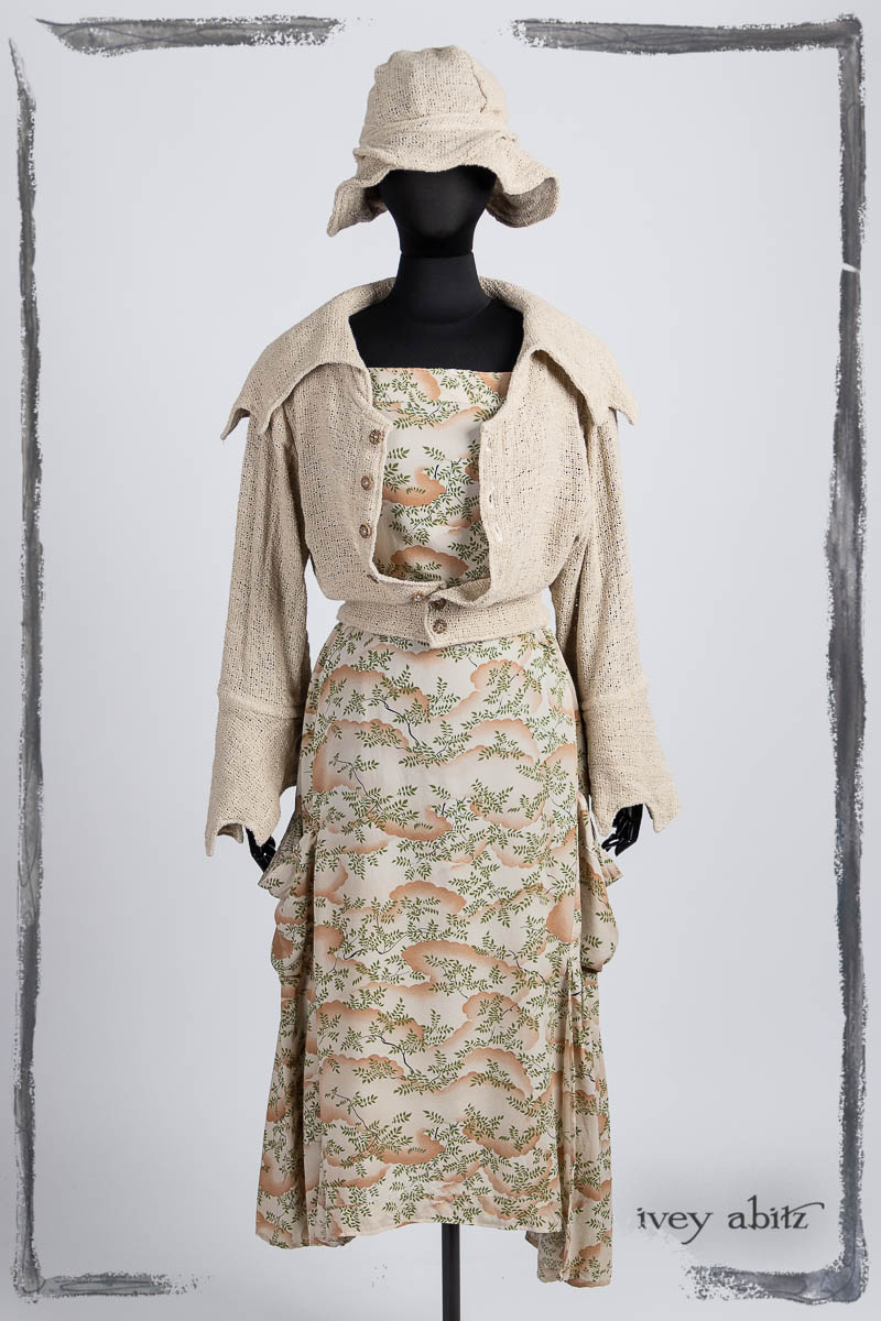 Furtherafield Jacket in Beach Cottage Soft Spun Weave; Meriwether Frock in Blush Crepe Silk; Hapgood Hat in Beach Cottage Soft Spun Weave. Bespoke clothing by Ivey Abitz.