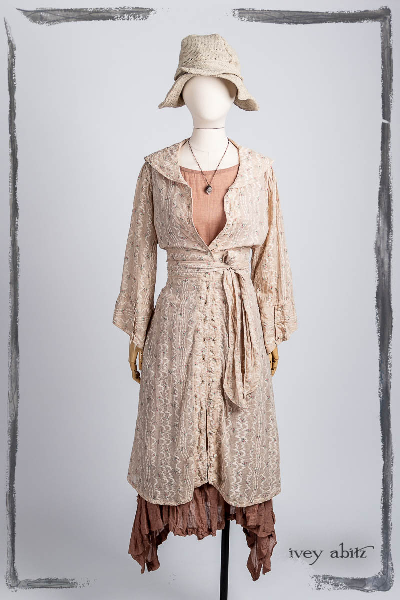 Anabel Coat Dress in Tea Time Stripe Floral Voile; Fairholme Frock in Blush Washed Voile; Hapgood Hat in Beach Cottage Soft Spun Weave; Nouvelle Necklace. Bespoke clothing by Ivey Abitz.