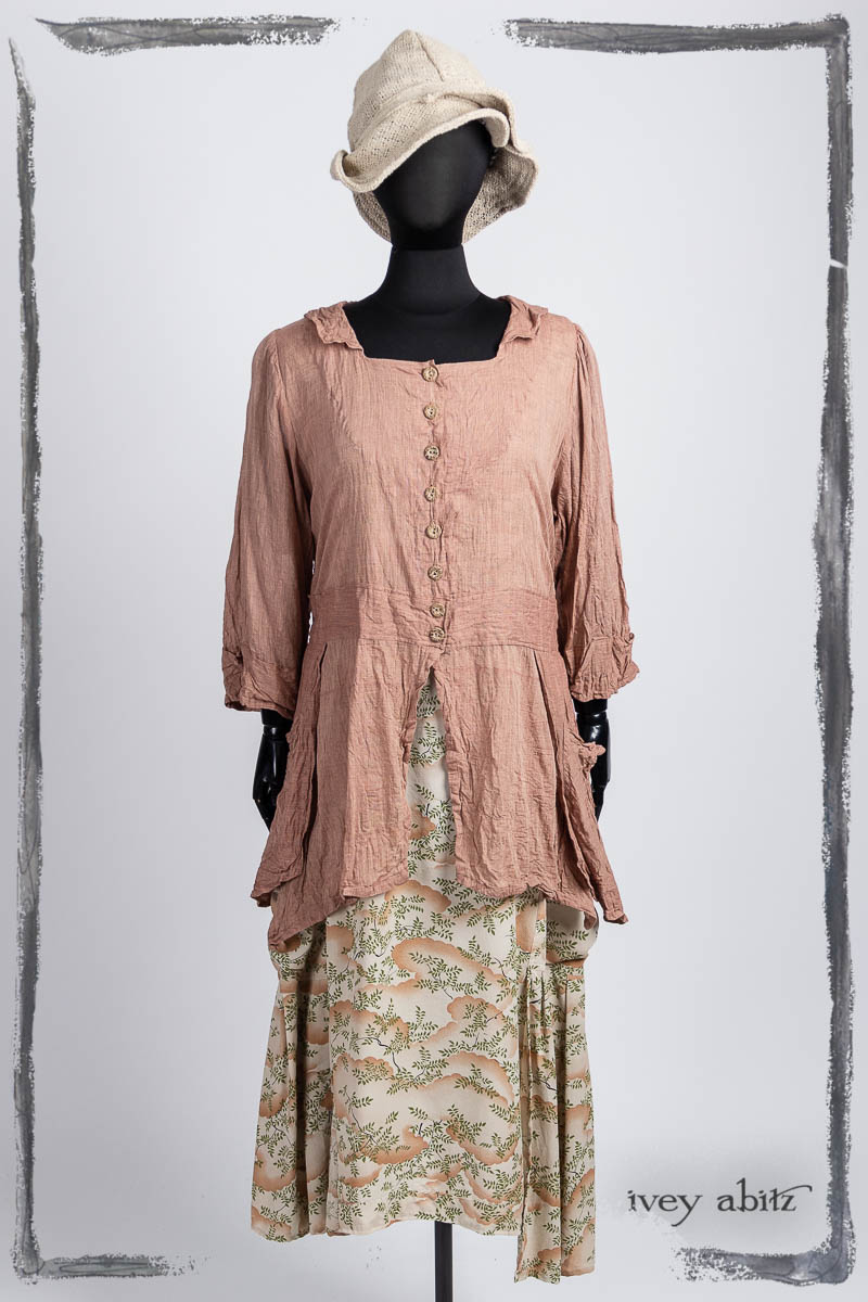 Campanella Shirt Jacket in Art Deco Washed Voile; Campanella Frock in Art Deco Crepe Silk; Hapgood Hat in Beach Cottage Soft Spun Weave. Bespoke clothing by Ivey Abitz.