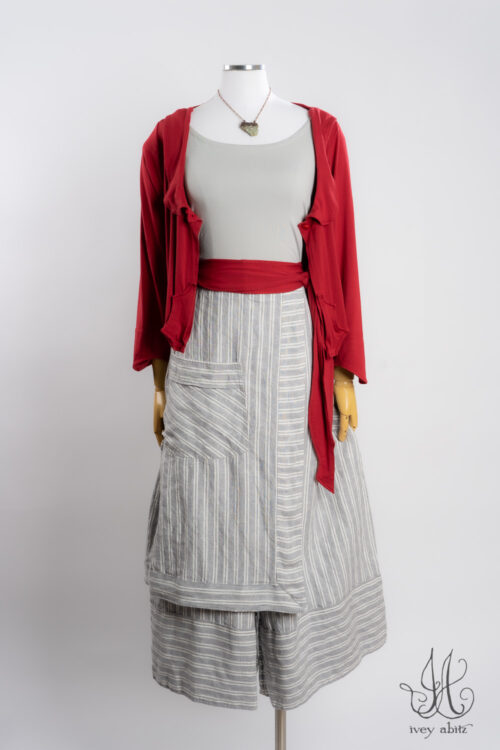 Ans Jacket in Casual Red Soft and Stretchy Knit; Ans Sash in Casual Red Soft and Stretchy Knit; Cilla Camisole in Raindrop Soft and Stretchy Knit; Wright Culottes in Raindrop Stripe Washed Weave; Heirloom Necklace.