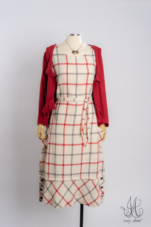 Ans Jacket in Casual Red Soft and Stretchy Knit; Oceana Frock in Casual Red and Raindrop Plaid Woven Weave; Heirloom Neckace.