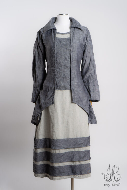Evie Shirt Jacket in Charcoal Washed Weave; Ottway Frock in Raindrop and Charcoal Washed Weave.