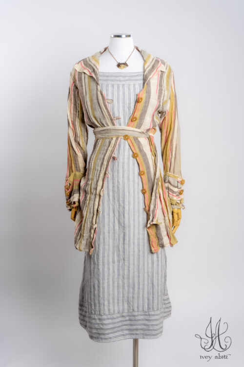 Pierrepont Shirt in Sherbet and Raindrop Ethereal Stripe; Merrily Frock in Raindrop Stripe Washed Weave; Heirloom Necklace.