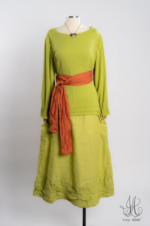 Lydia Shirt in Avocado Soft and Stretchy Knit; Tollie Sash in Canteloupe Washed Weave; Fitzgerald Frock in Avocado Washed Weave; Heirloom Necklace.