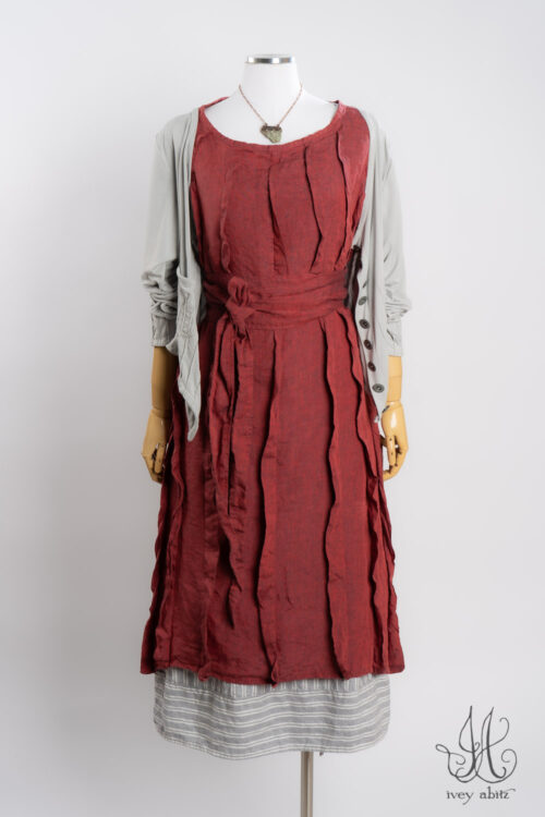 Eleanora Frock in Casual Red Washed Weave; g; Mercer Cardigan in Raindrop Soft and Stretchy Knit; Merrily Frock in Raindrop Stripe Washed Weave; Heirloom Necklace.
