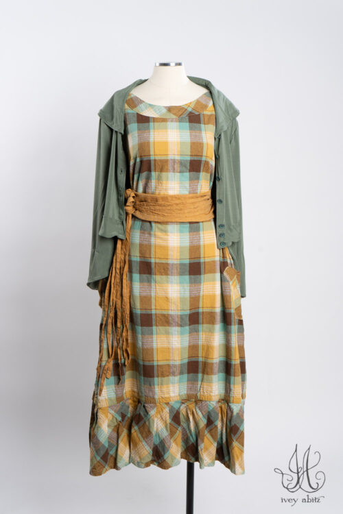 Wright Frock in Sea Foam Plaid; Beacon Jacket in Sea Foam Soft and Stretchy Knit; Porte Cochere Sash in Ripe Apricot Washed Weave.