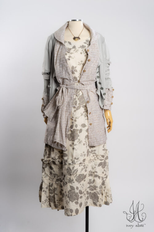 Wright Shirt in Oyster Breezy Floral Weave; Hudson Frock in Raindrop Pressed Flower Weave; Mercer Cardigan in Raindrop Soft and Stretchy Knit; Heirloom Necklace.