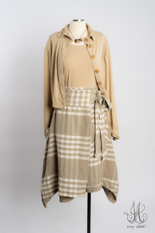 Bertie Jacket in Oyster Soft and Stretchy Knit; Tollie Top in Oyster Soft and Stretchy Knit; Highlands Skirt in Oyster Rustic Woven Plaid; Heirloom Necklace.