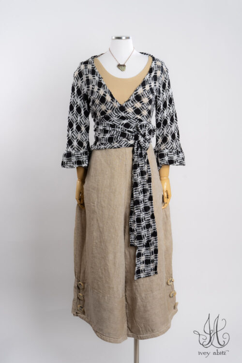 Rennie Wrap Jacket in Black and White Embroidered Weave; Tollie Top in Oyster Soft and Stretchy Knit; Viv Trousers in Oyster Washed Weave; Heirloom Necklace.