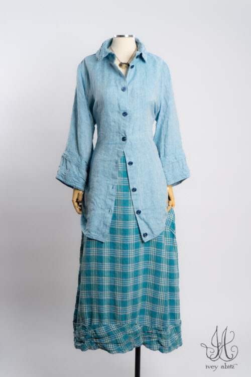 Tollie Frock in Ice Blue Washed Weave; Fitzgerald Skirt in Turquoise Woven Plaid; Heirloom Necklace.