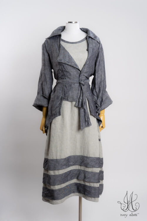 Evie Shirt Jacket in Charcoal Washed Weave; Ottway Frock in Raindrop and Charcoal Washed Weave.