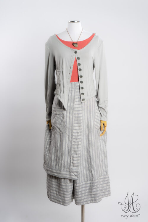 Mercer Cardigan in Raindrop Soft and Stretchy Knit; Cilla Camisole in Sherbet Soft and Stretchy Knit; Wright Culottes in Raindrop Stripe Washed Weave; Heirloom Necklace.