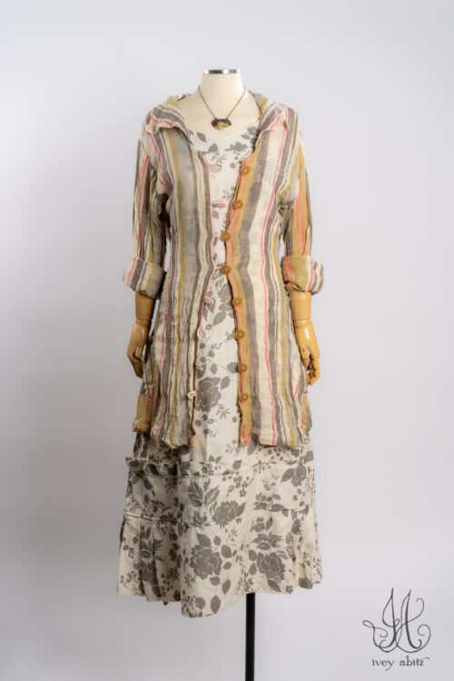 Pierrepont Shirt in Sherbet and Raindrop Ethereal Stripe; Hudson Frock in Raindrop Pressed Flower Weave; Heirloom Necklace.