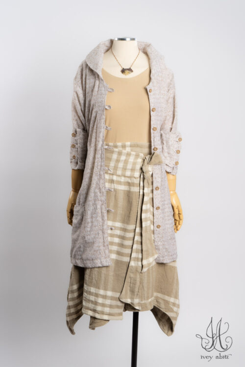 Wright Shirt in Oyster Breezy Floral Weave; Tollie Top in Oyster in Soft and Stretchy Knit; Highlands Skirt in Oyster Rustic Woven Plaid; Heirloom Necklace.