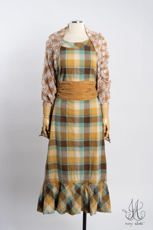 Rosemarie Wrap in Ripe Apricot Embroidered Weave; Wright Frock Sea Foam Plaid; Porte Cochere Sash in Ripe Apricot Washed Weave.
