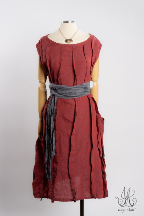 Eleanora Frock in Casual Red Washed Weave; Porte Cochere Sash in Charcoal Washed Weave; Heirloom Necklace.