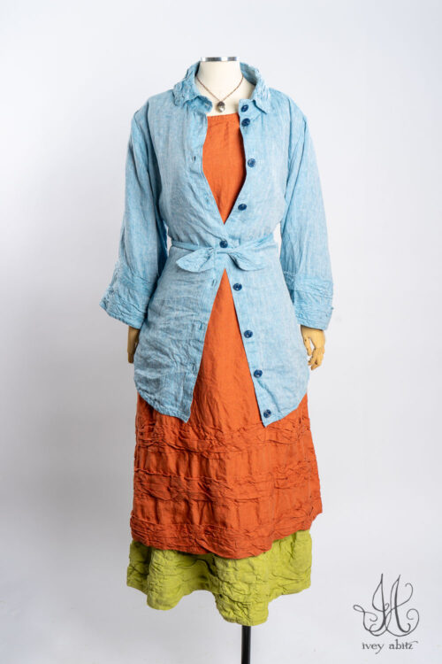 Tollie Shirt in Ice Blue Washed Weave; Tollie Dress in Canteloupe Washed Weave; Fitzgerald Frock in Avocado Washed Weave; Nouvelle Necklace.