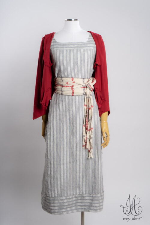 Ans Jacket in Casual Red Soft and Stretchy Knit; Porte Cochere Sash in Casual Red and Raindrop Plaid Woven Weave; Merrily Frock in Raindrop Stripe Washed Weave.