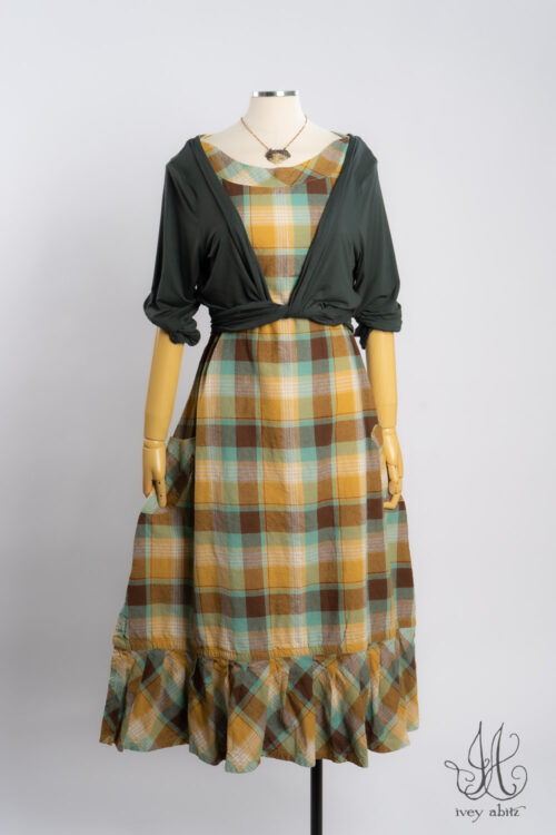 Wright Frock Sea Foam Plaid; Wright Cardigan in Parsley Soft and Stretchy Knit; Heirloom Necklace.